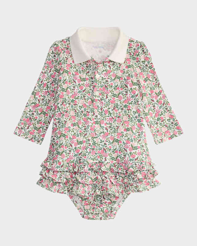 Girl's Floral Interlock Knit Long-Sleeve Polo Dress & Bloomers, Size 3M-24